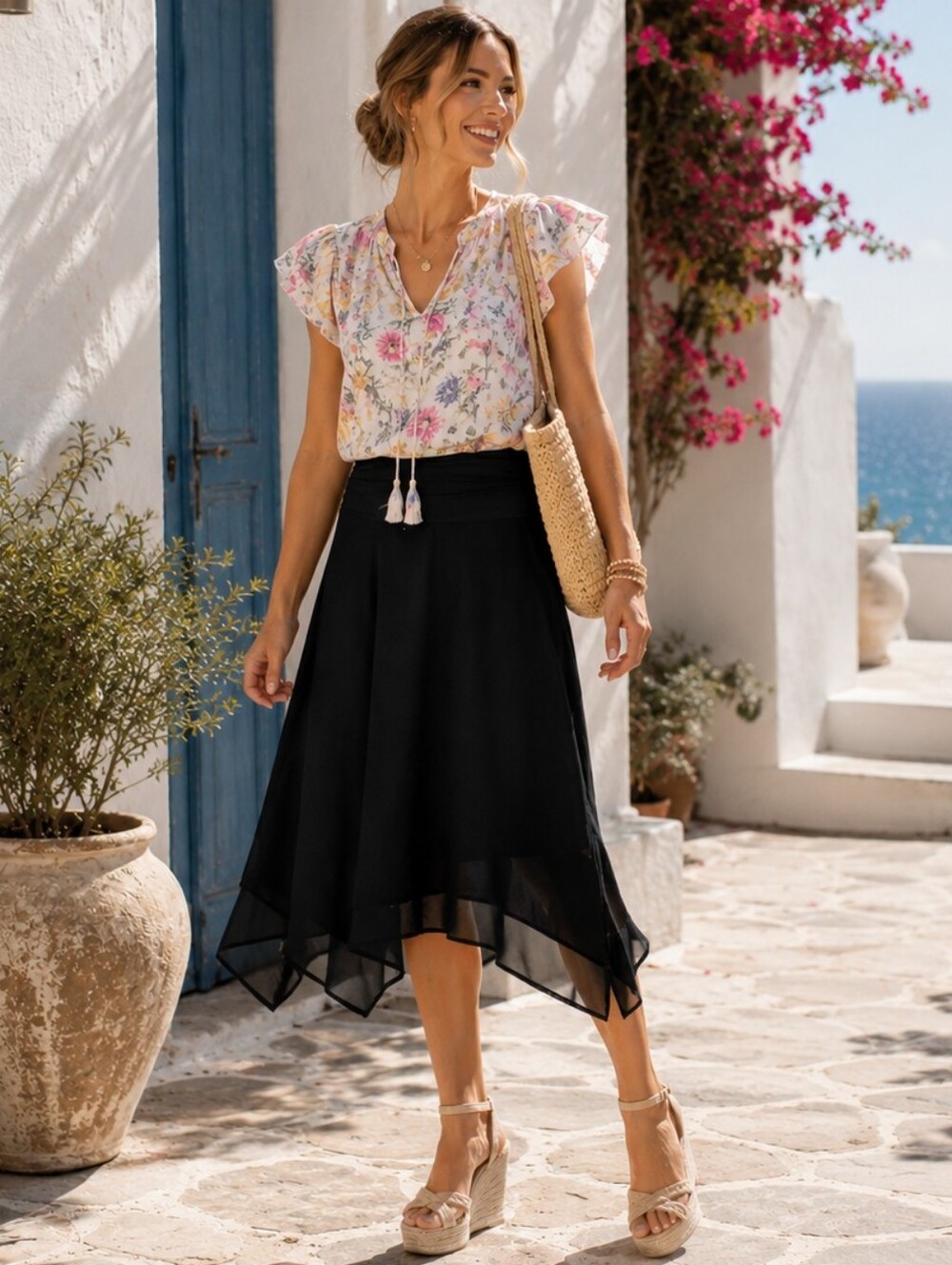 Apt. 9 Black High-Low Skirt Handkerchief Hem Midi Medium Flowy Quiet Luxury